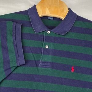 Polo Ralph Lauren Shirt Men's XL Navy Green Striped Short Sleeve Cotton Pique